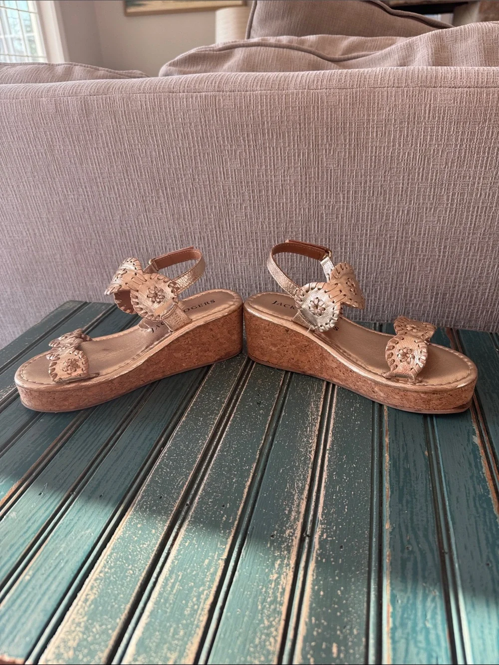Girls Jack Rogers Metallic Gold Wedge Sandals with Floral Cutouts